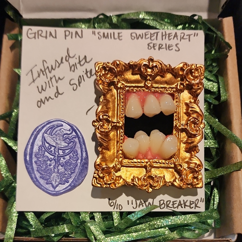 Handmade Teeth Pin In Gold Color Ornate Frame Grin Pin